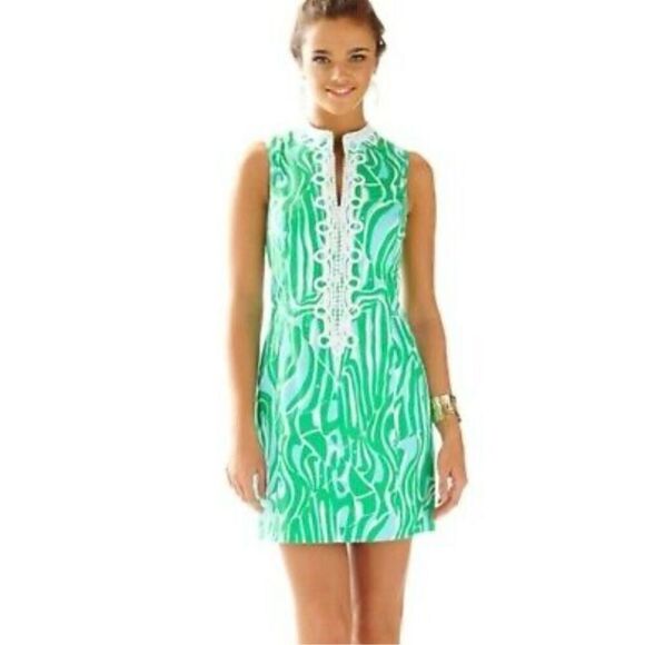 Lilly Pulitzer Shift Finder Keepers Dress Size 2 Green Print White Detail - Picture 1 of 10